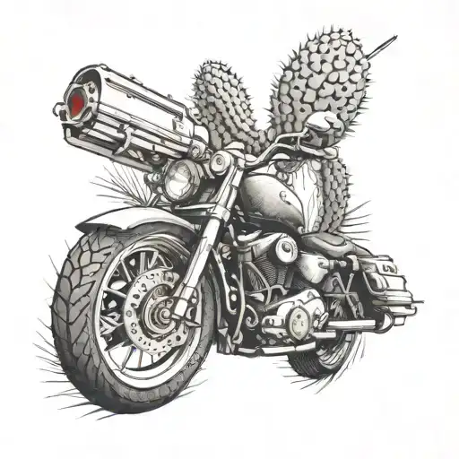A revolver and a Harley Davidson motorcycle merging into a single design with cactus accents tattoo design idea