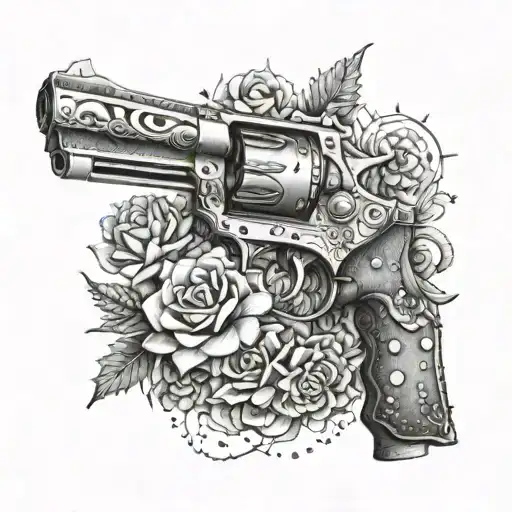A revolver and a saddle intertwined with cactus and coraline flowers tattoo design idea