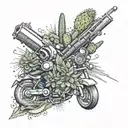 A revolver and a Harley Davidson motorcycle merging into a single design with cactus accents tattoo design idea