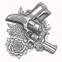 A revolver and a Harley Davidson motorcycle merging into a single design with cactus accents tattoo design idea
