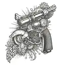 A revolver and a Harley Davidson motorcycle merging into a single design with cactus accents tattoo design idea