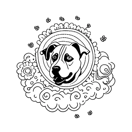 A minimalist tattoo of a dog sitting in a field of daisies, with the number 7 in the sky as clouds tattoo design idea
