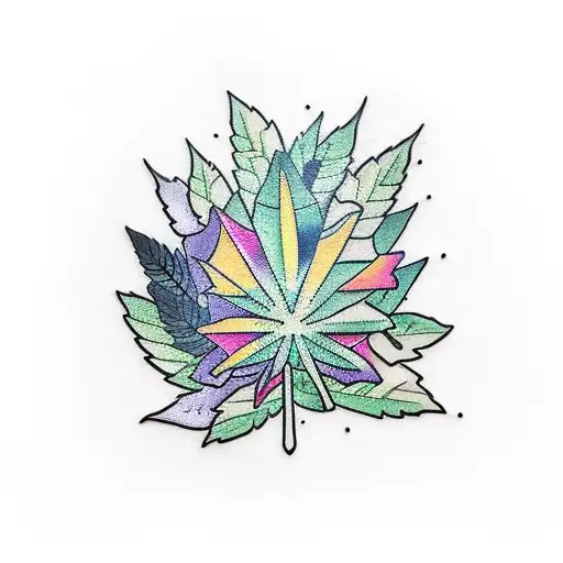 A traditional-style tattoo showcasing a hiking trail winding through a cannabis leaf forest tattoo design idea