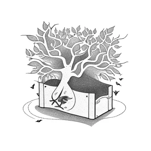 a tree growing from a coffin with a passing bird tattoo design idea