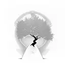 a tree growing from a coffin with a passing bird tattoo design idea