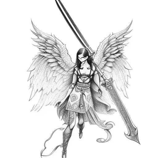 Angel with sword and bag with money tattoo design idea
