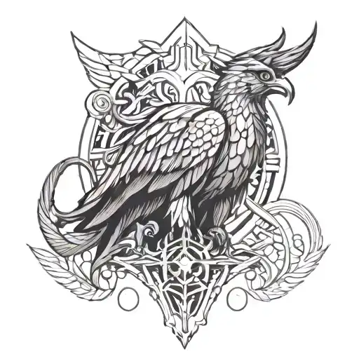 Nemesis with sword, scales in the hands and a phoenix around the neck  tattoo design idea