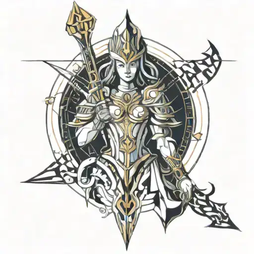 Godess Nemesis with sword, scales in the hands.  tattoo design idea