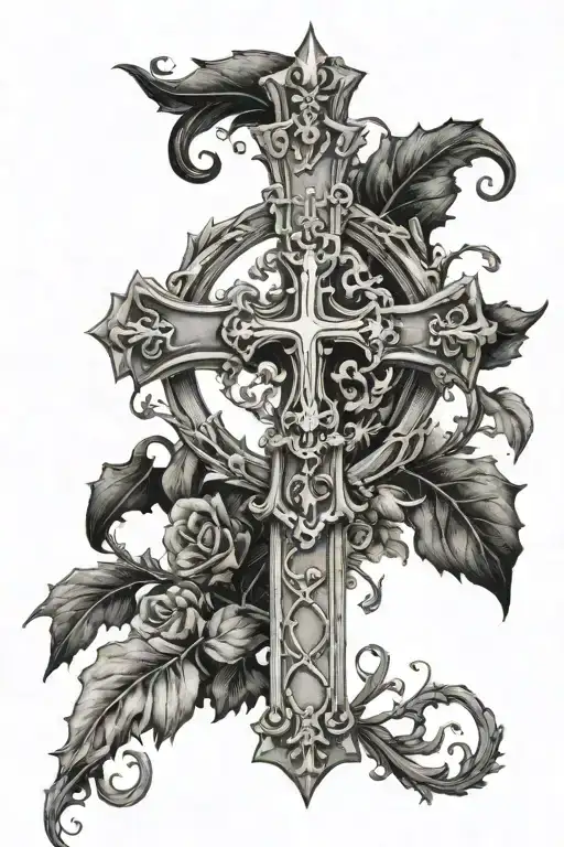 gothic style Holy Cross without Jesus in the middle, with vines and leaves throughout the cross  tattoo design idea
