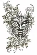 masquerade mask surrounded by roses inside of a castle  tattoo design idea