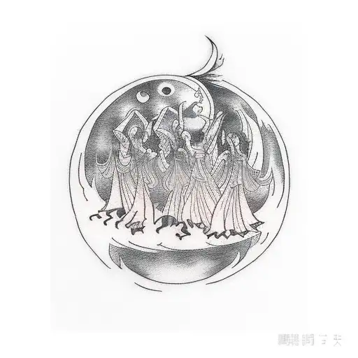 a coven of witches dancing around a fire. under the moon tattoo design idea