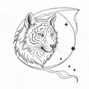 half tiger gave and half wolf face inside a moon tattoo design idea