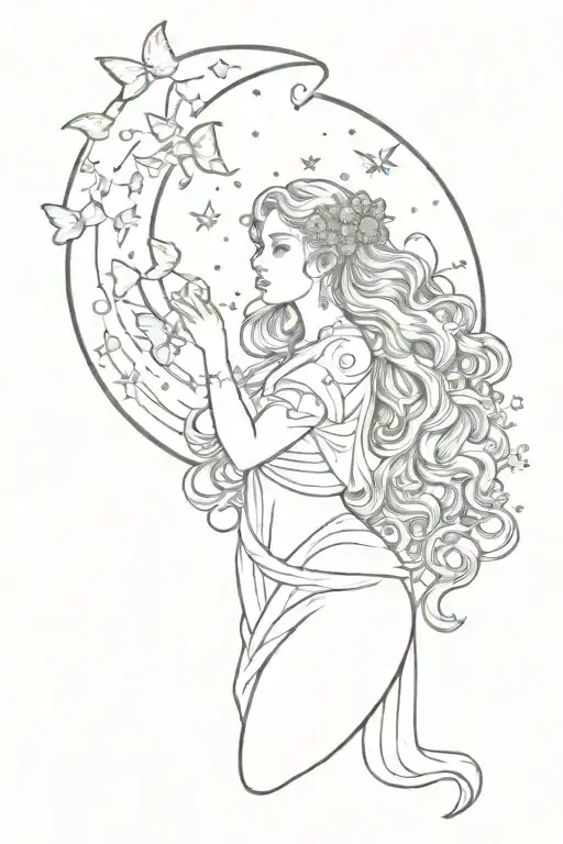 Pisces goddess holding moon surrounded by butterflies, stars tattoo design idea