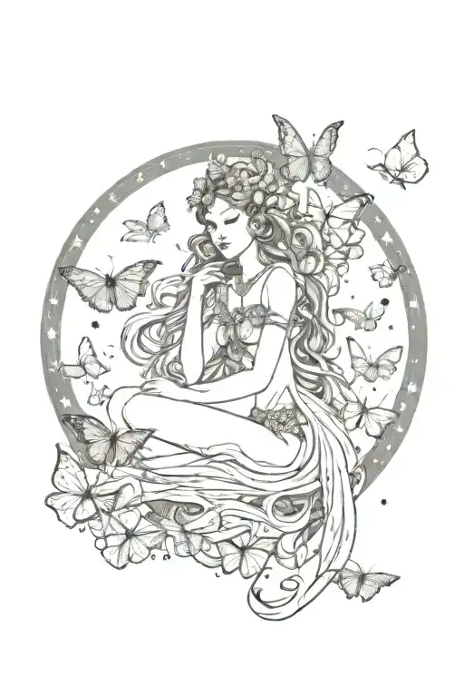 Pisces goddess holding moon surrounded by butterflies, stars tattoo design idea