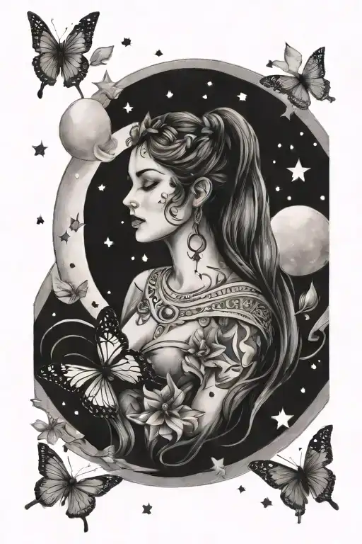 moon and stars, butterflies with Pisces goddess  tattoo design idea