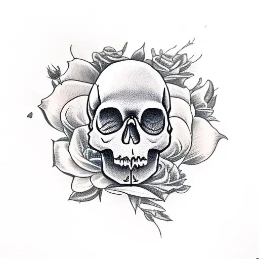 skull and crow and flowers and moon tattoo design idea