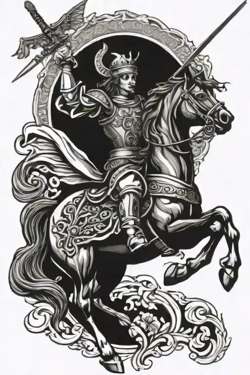 st michael with sword on horse galloping tattoo design idea