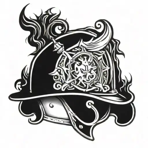 A firefighter helmet with intricate blackwork flames surrounding it tattoo design idea