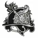 A firefighter helmet with intricate blackwork flames surrounding it tattoo design idea