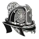 A firefighter helmet with intricate blackwork flames surrounding it tattoo design idea