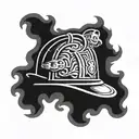 A firefighter helmet with intricate blackwork flames surrounding it tattoo design idea