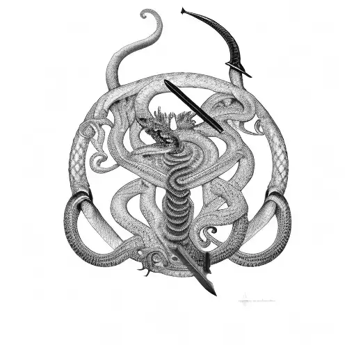 striking black-and-gray snake coiled around a sword tattoo design idea