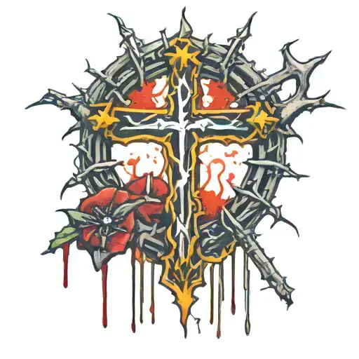 a crown of thorns with a cross dripping blood and glowing tattoo design idea