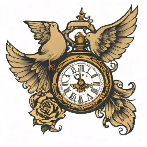 triple cross with alarm clock under it saying 8:24 with a dove flying with doseboys in the dove tattoo design idea