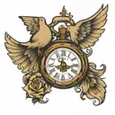 triple cross with alarm clock under it saying 8:24 with a dove flying with doseboys in the dove tattoo design idea