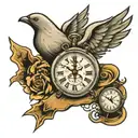 triple cross with alarm clock under it saying 8:24 with a dove flying with doseboys in the dove tattoo design idea