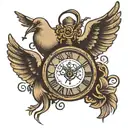 triple cross with alarm clock under it saying 8:24 with a dove flying with doseboys in the dove tattoo design idea