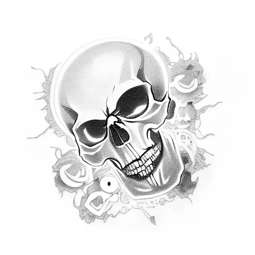A skull with glowing eyes surrounded by anime characters in a music studio tattoo design idea