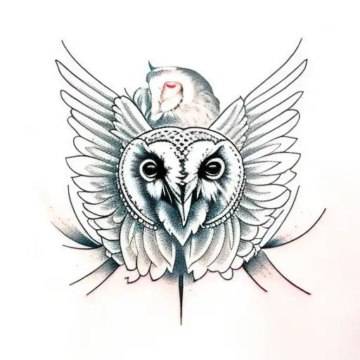 a symmetrical and straight-on view of a barn owl head on a raven's body with outstretched bat wings  tattoo design idea