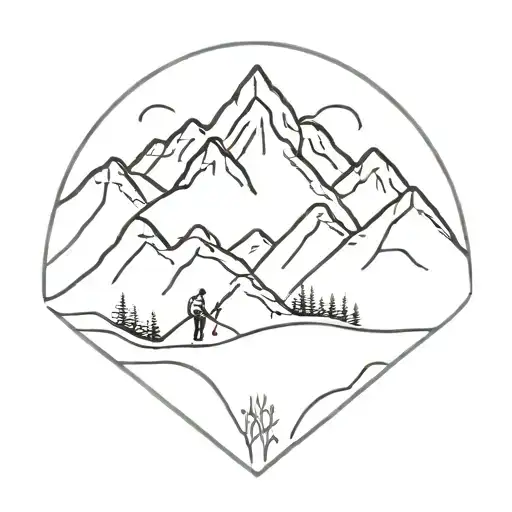mountain with family of 4 hiking trail winding tattoo design idea