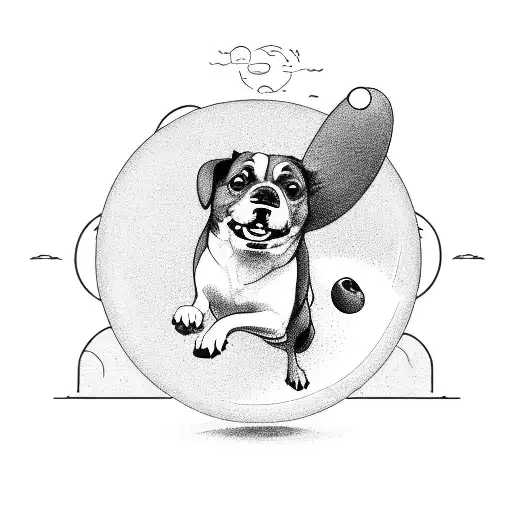 A playful dog chasing a flying disc in a park filled with arcade game elements tattoo design idea
