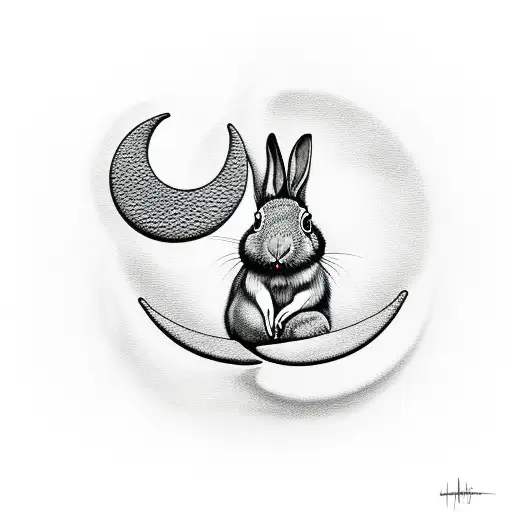 crescent moon with rabbit and monkey sitting on it joyfully  tattoo design idea
