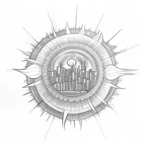 A sketch-style tattoo of a sun rising behind a city skyline with delicate floral patterns tattoo design idea