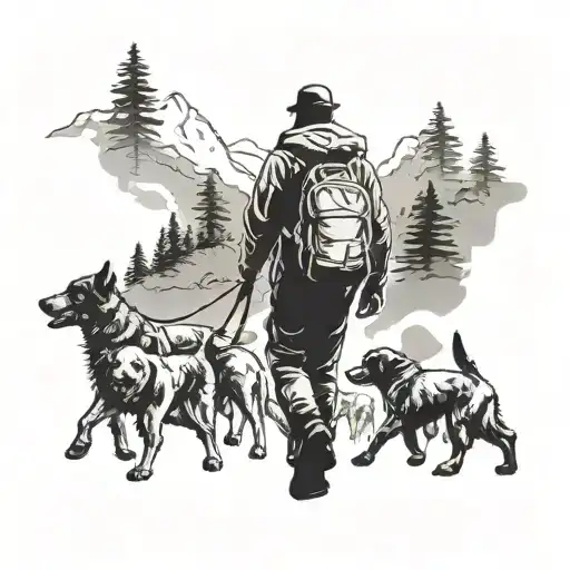 A silhouette of a dog walker surrounded by a pack of dogs in a mountain landscape tattoo design idea