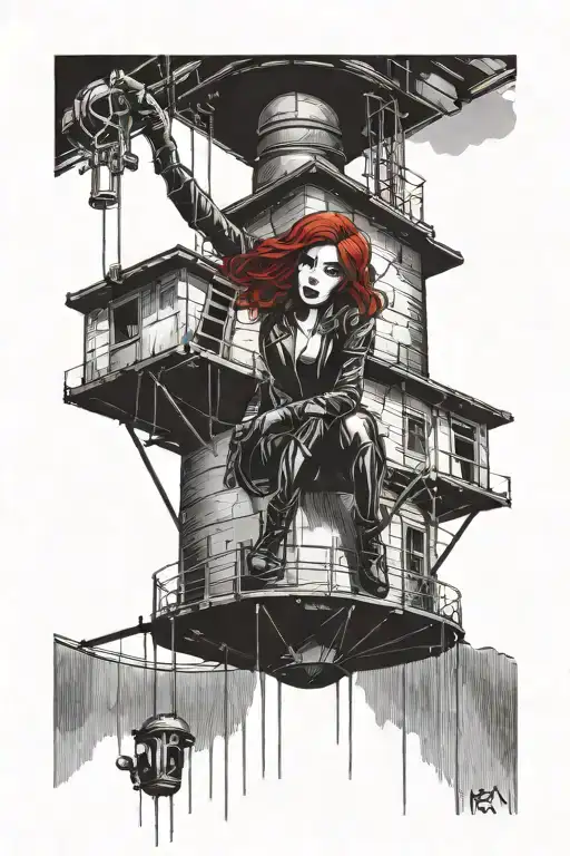 Black widow hanging from a water tower tattoo design idea