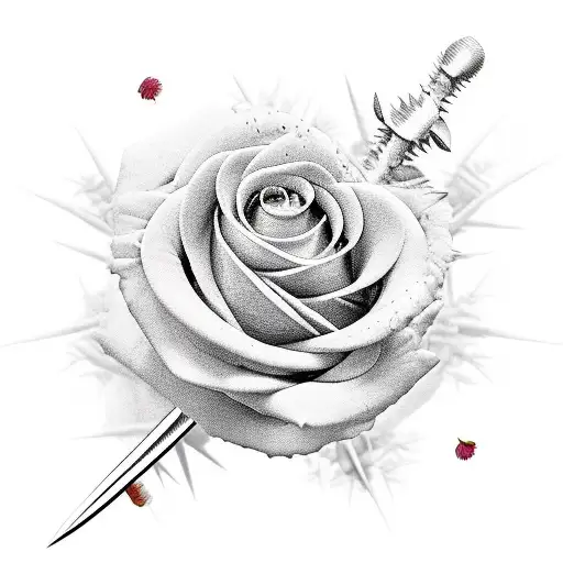 symetrical roses with Spines and needles Fire and a sword tattoo design idea
