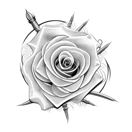 symetrical roses with Spines and needles Fire and a sword tattoo design idea