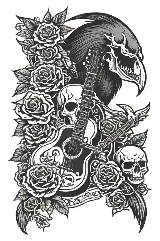 Guitar, skull, crow, scorpion, rose, watch,  tattoo design idea
