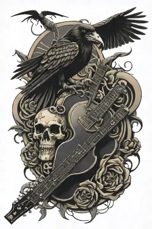 Guitar neck, skull, crow, scorpion, , watch,  tattoo design idea
