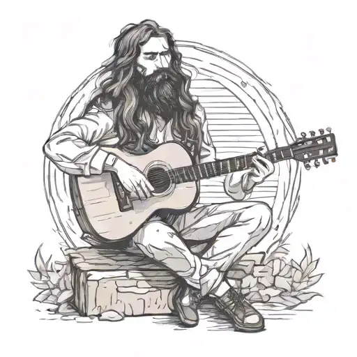 Long hair Long beard Spanish guy holding guitar tattoo design idea