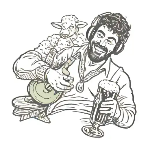 Music, Spanish Guy, Beer, Night Lamb drinking a bottle tattoo design idea