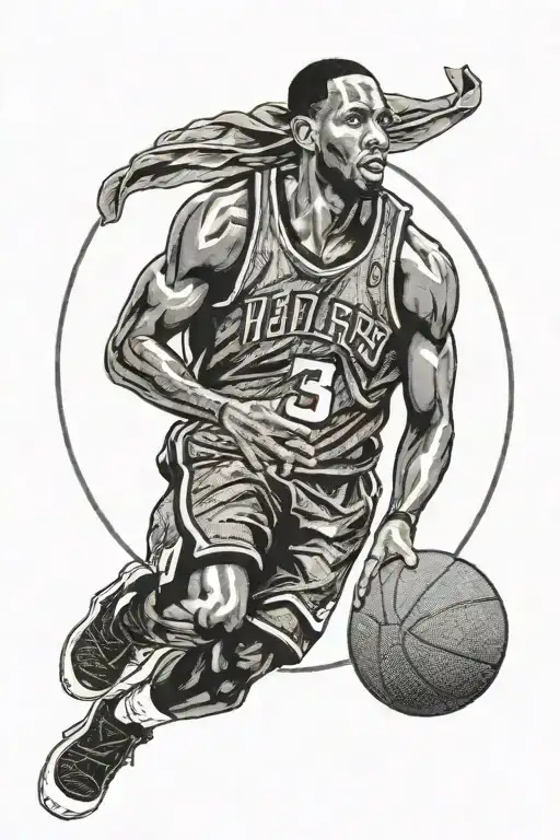 A portrait of Tracy McGrady with a basketball hoop as a halo tattoo design idea