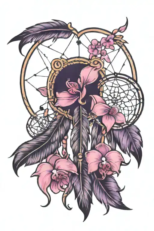 A traditional style tattoo of a heart-shaped dreamcatcher with a pink and purple orchid in the center, surrounded by symbolic elements like feathers and beads tattoo design idea