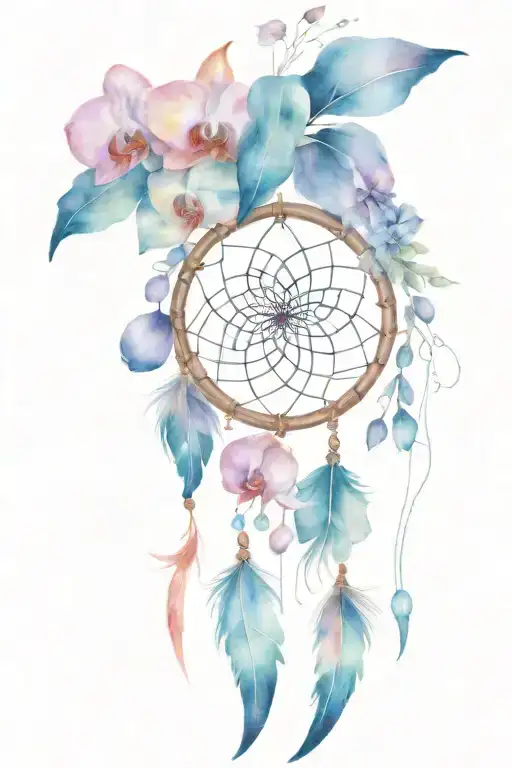 A dream catcher in the shape of a heart with an orchid in the heart at the top right. Then hanging elements tattoo design idea