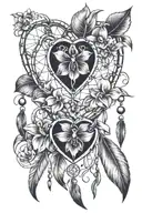 A dream catcher in the shape of a heart with an orchid in the heart at the top right. With hanging elements tattoo design idea