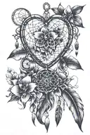 A dream catcher in the shape of a heart with an orchid in the heart at the top right. With hanging elements tattoo design idea